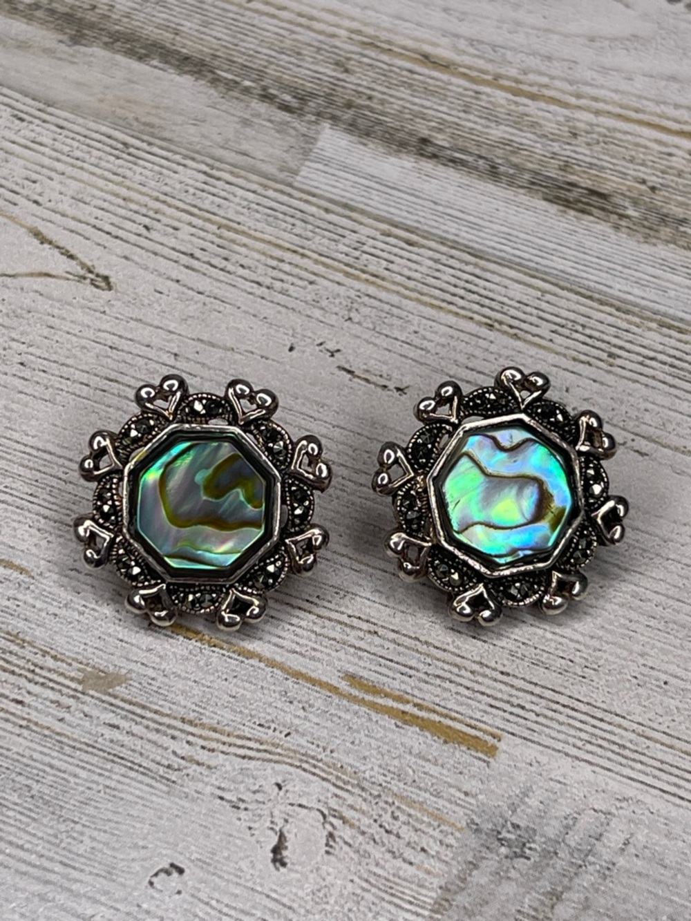 Vintage Sterling Silver Abalone Marcasite Heart Stud Earrings